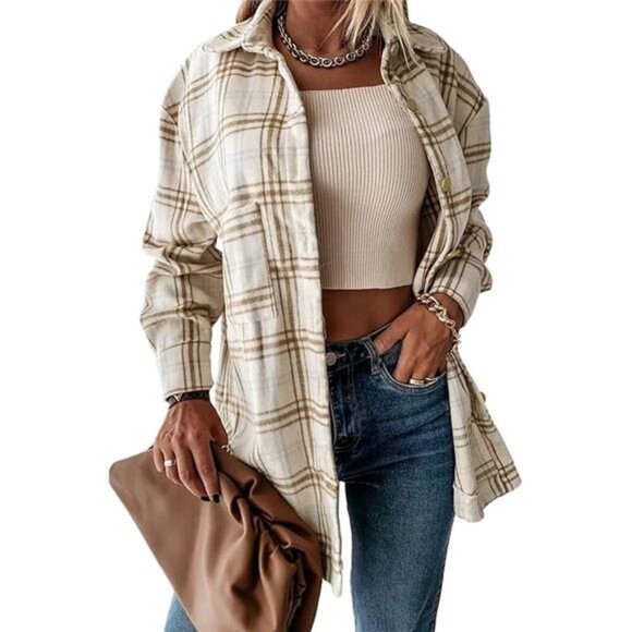 New Women's Fall Plaid Shacket Jacket Long Sleeve Button Down Flannel Shirts - Picture 7 of 7